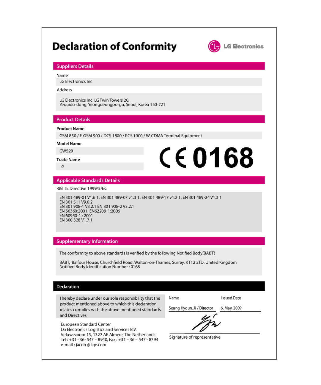 LG Electronics GW520 manual Declaration of Conformity, Suppliers Details 