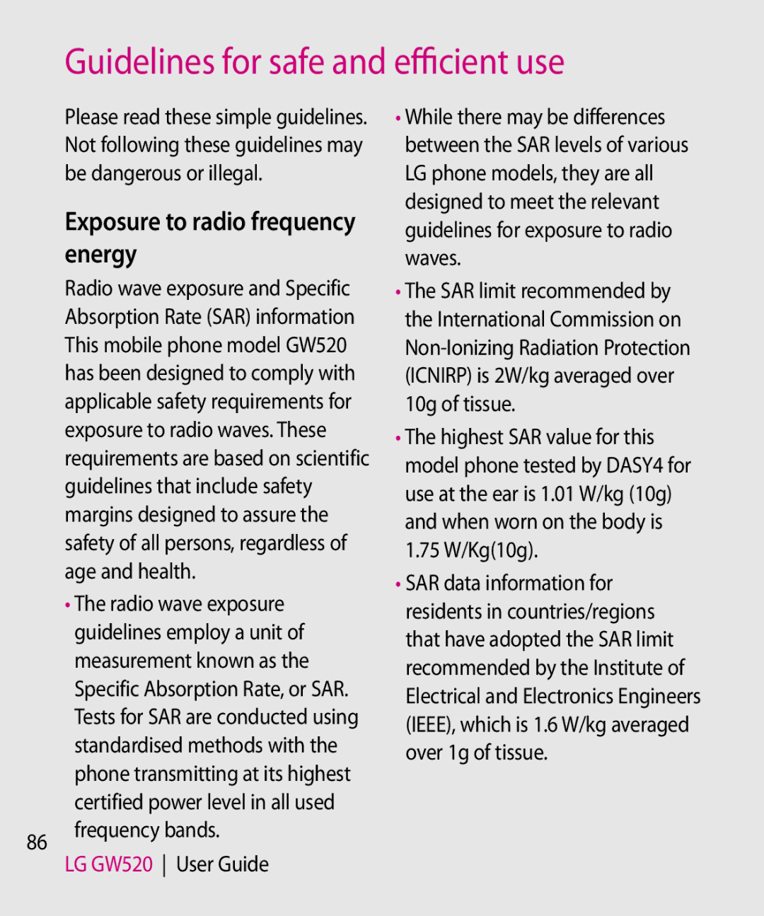 LG Electronics GW520 manual Guidelines for safe and efficient use, Exposure to radio frequency energy 