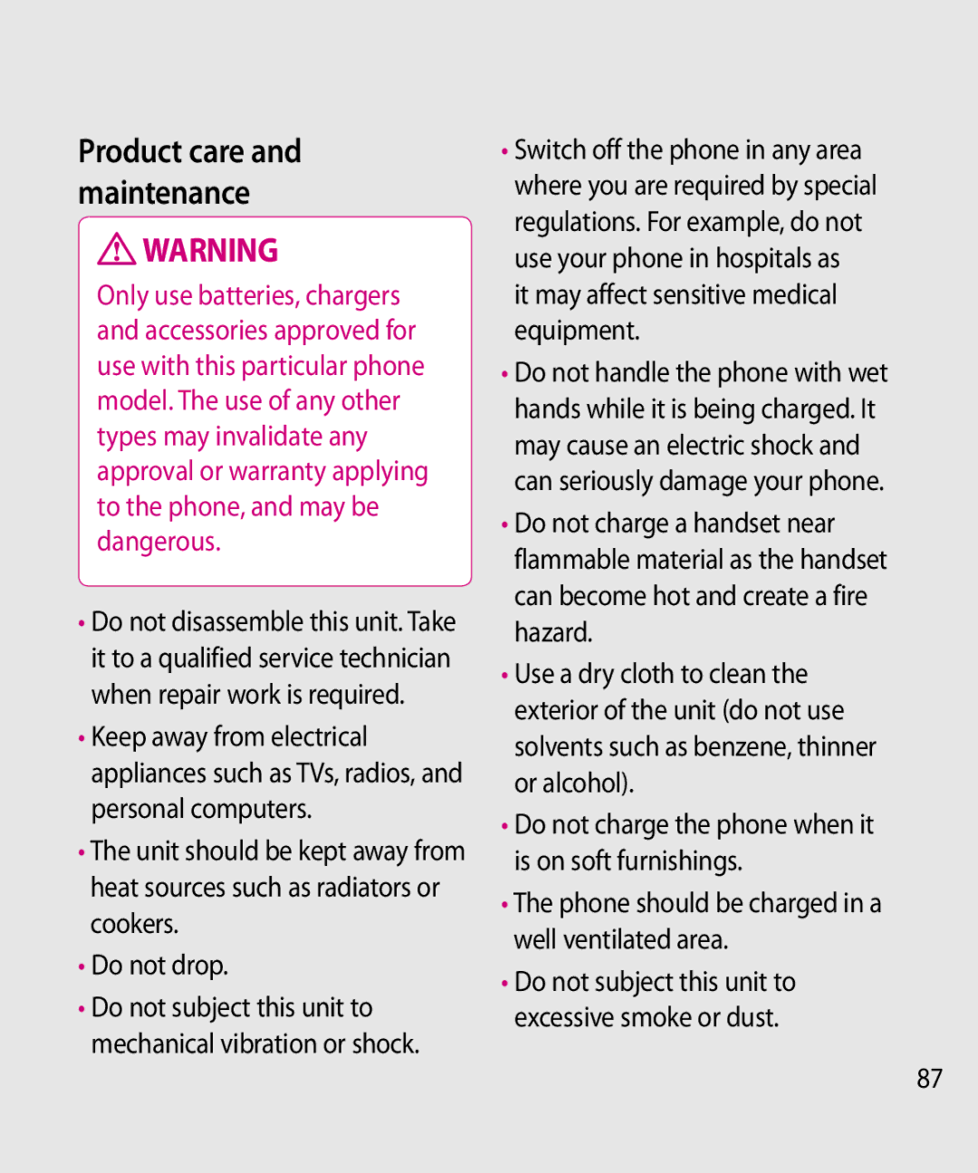 LG Electronics GW520 manual It may affect sensitive medical equipment, Phone should be charged in a well ventilated area 