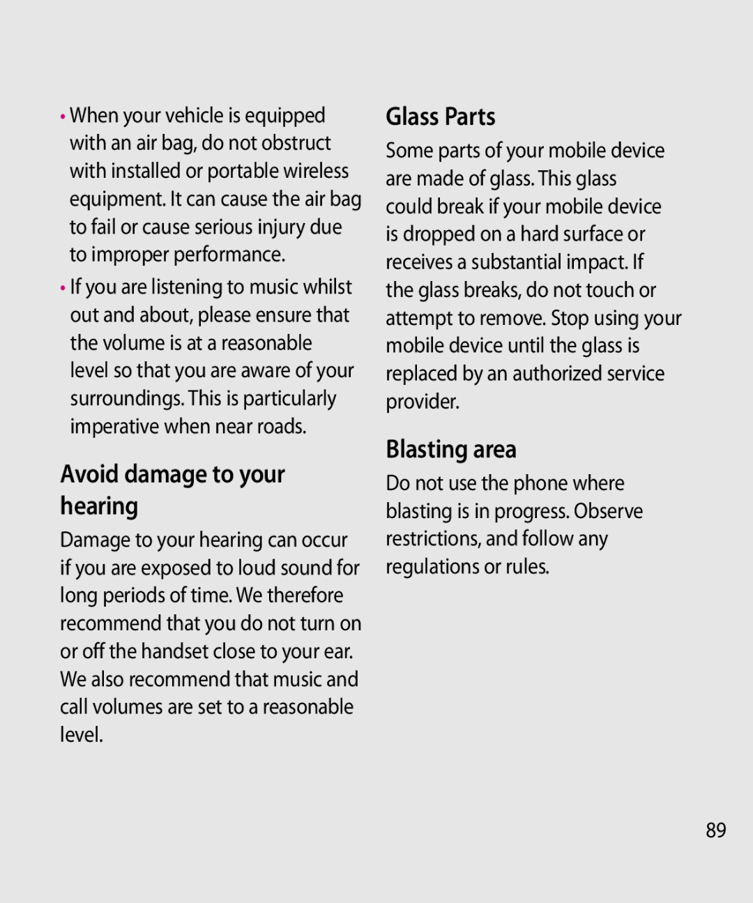 LG Electronics GW520 manual Avoid damage to your hearing, Glass Parts, Blasting area 