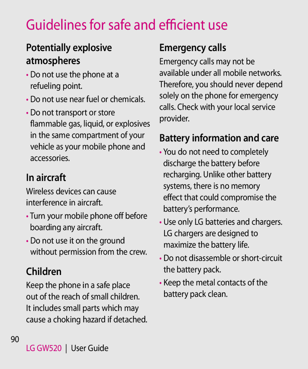 LG Electronics GW520 manual Aircraft, Children, Emergency calls, Battery information and care 