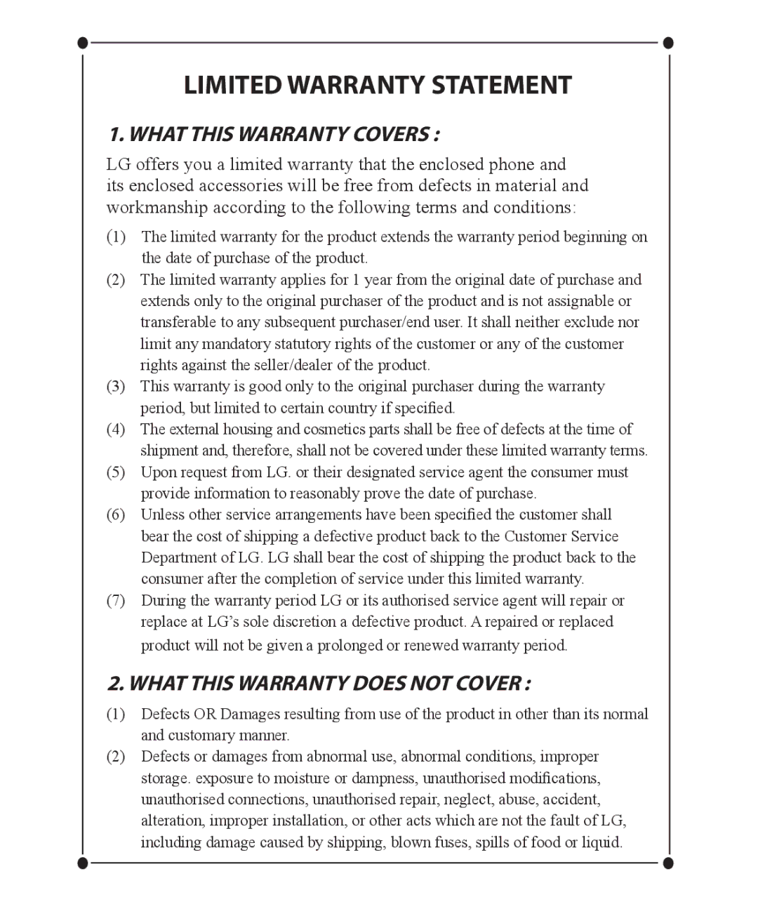 LG Electronics GW520 manual Limited Warranty Statement 