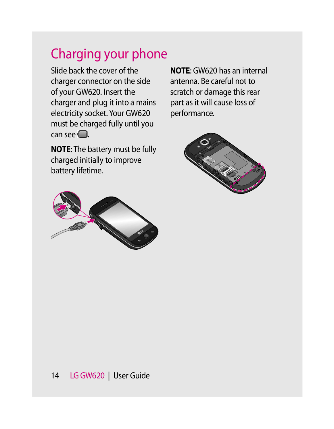 LG Electronics GW620 manual Charging your phone 