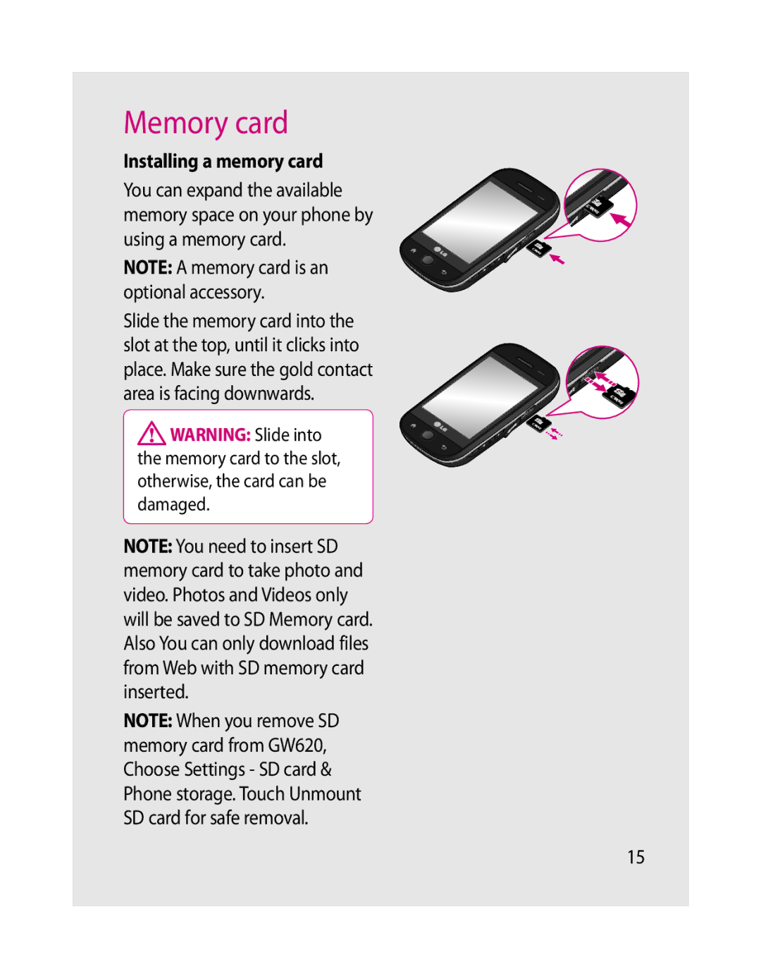 LG Electronics GW620 manual Memory card, Installing a memory card 