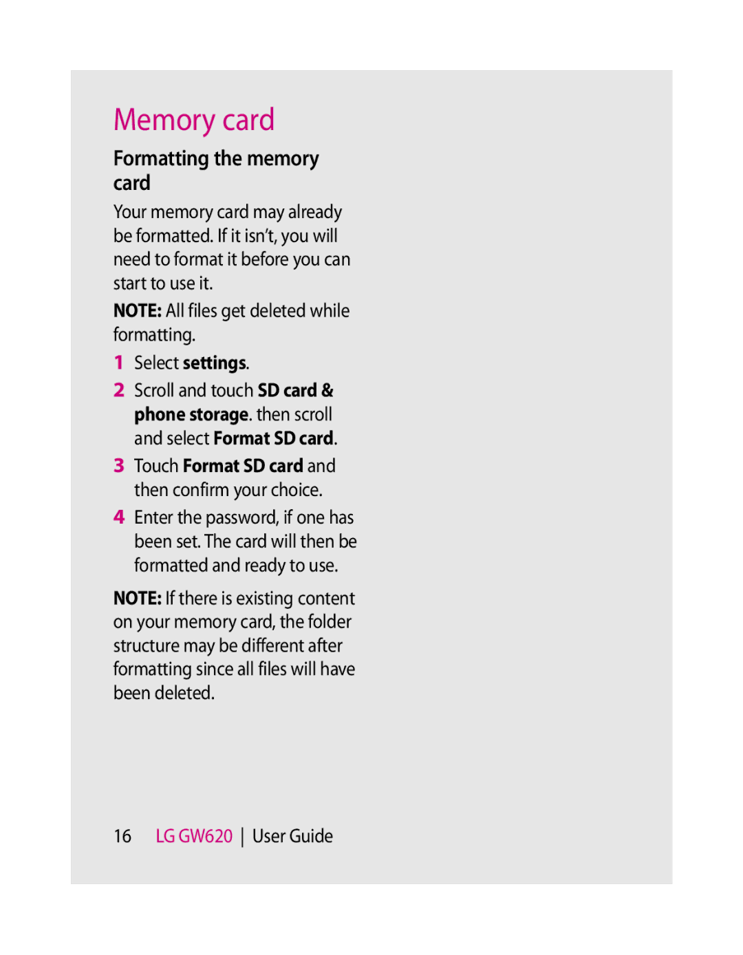 LG Electronics GW620 manual Formatting the memory card, Select settings 