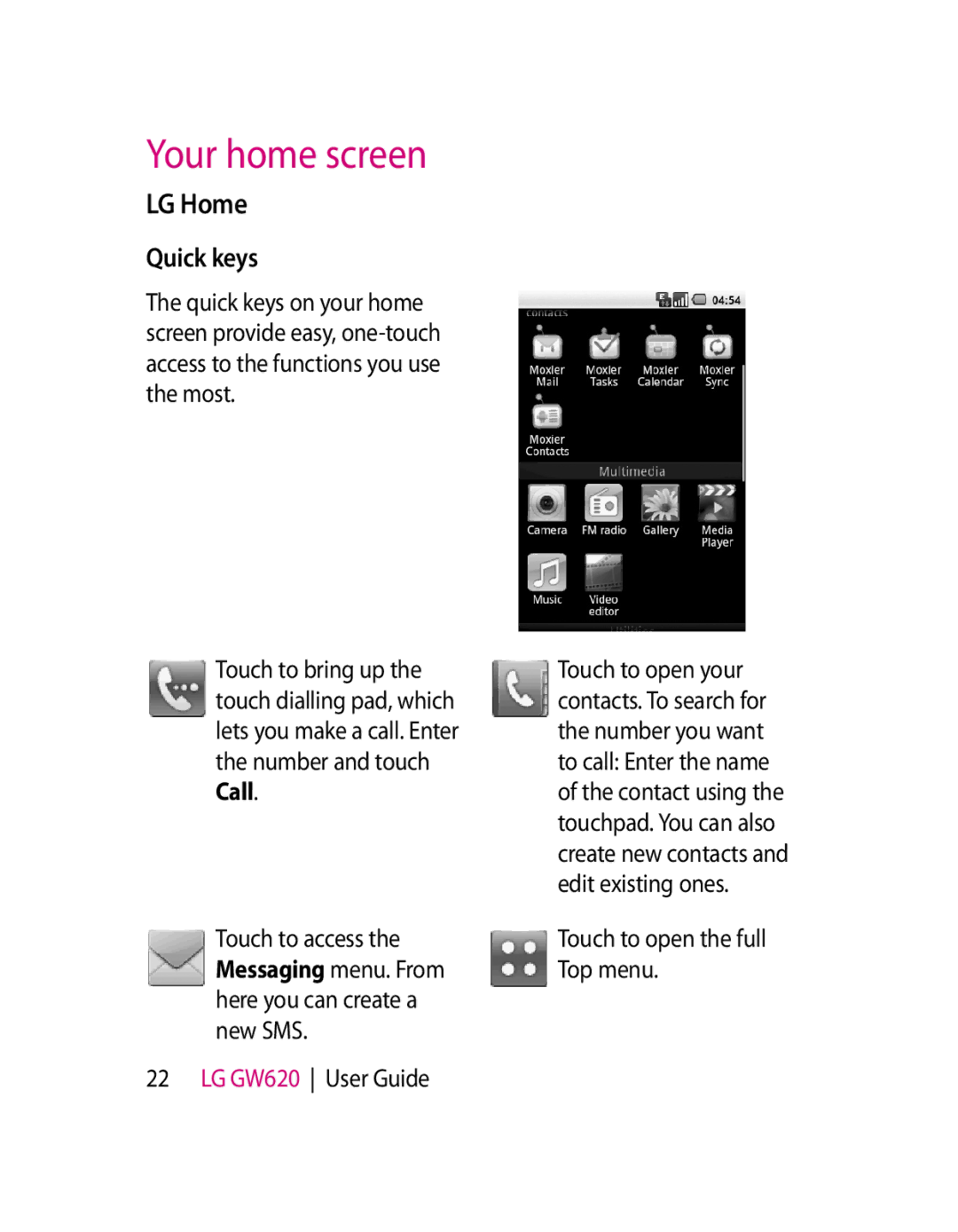 LG Electronics GW620 manual LG Home, Quick keys, Touch to open the full Top menu 