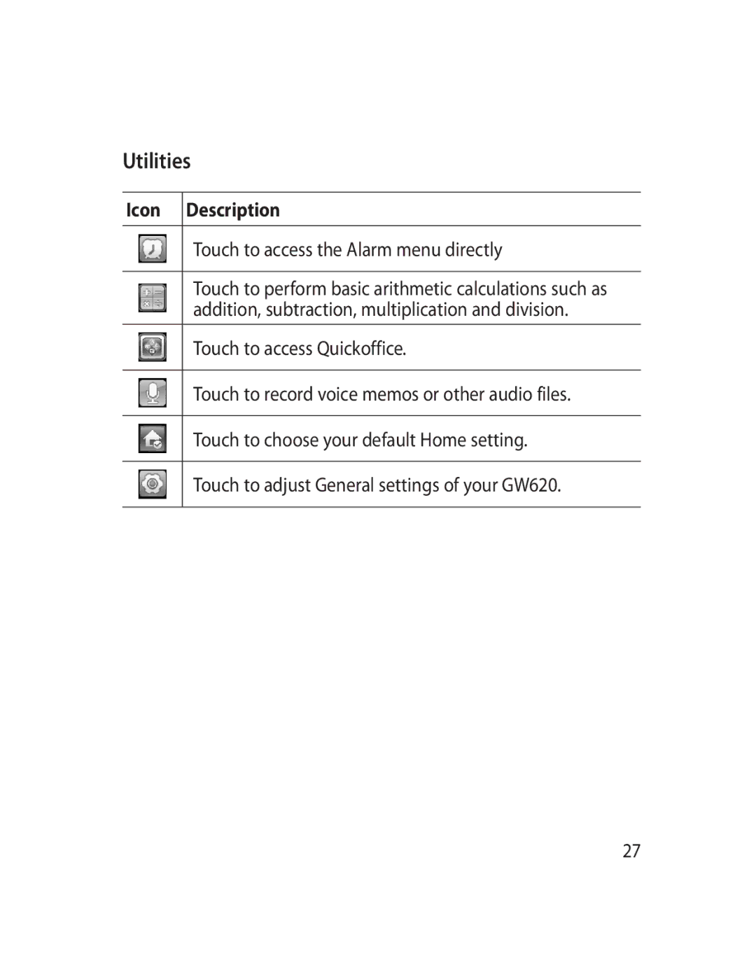 LG Electronics GW620 manual Utilities, Touch to access the Alarm menu directly 