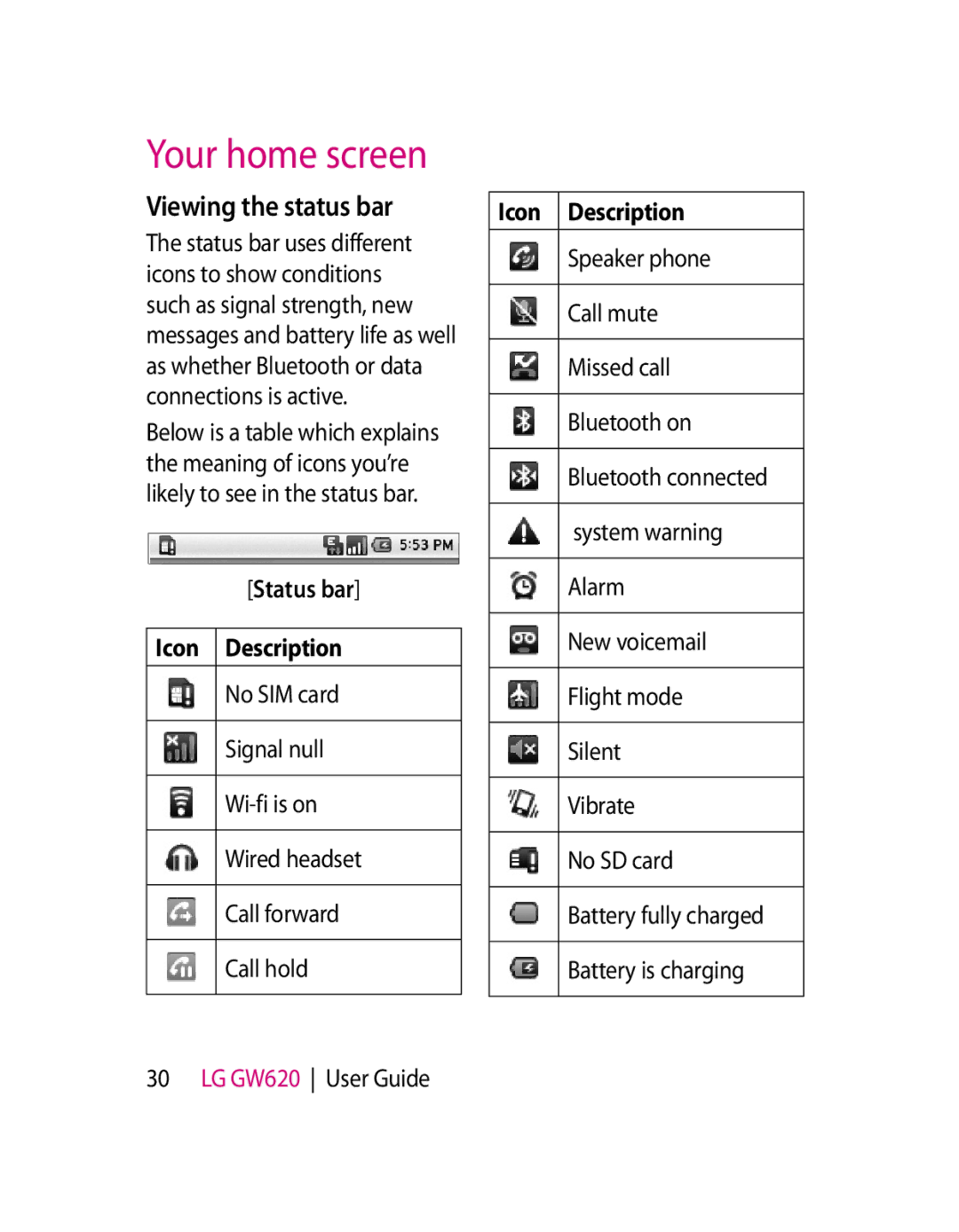 LG Electronics GW620 manual Viewing the status bar, Status bar Icon Description 