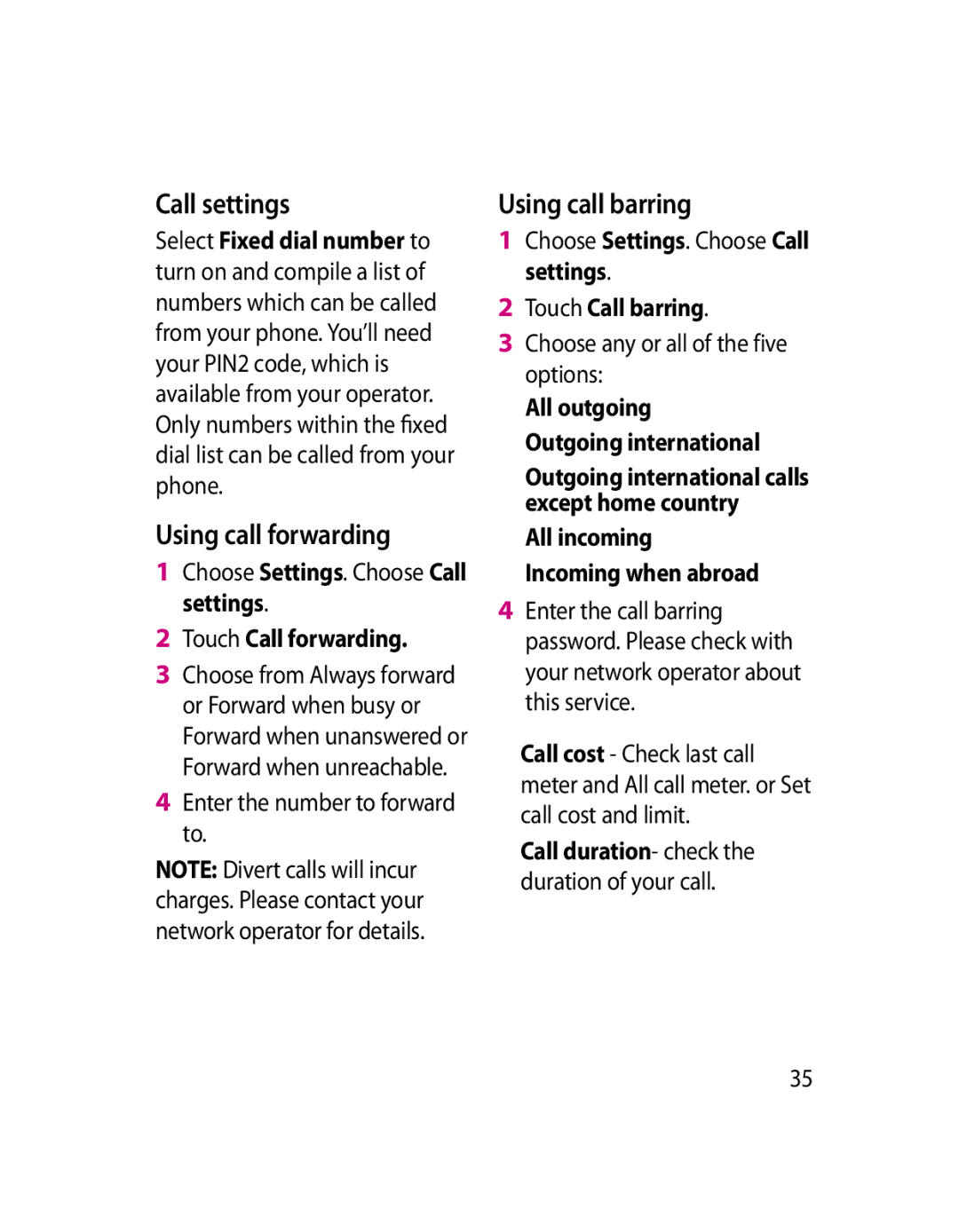 LG Electronics GW620 Call settings, Using call forwarding, Using call barring, Touch Call forwarding, Touch Call barring 