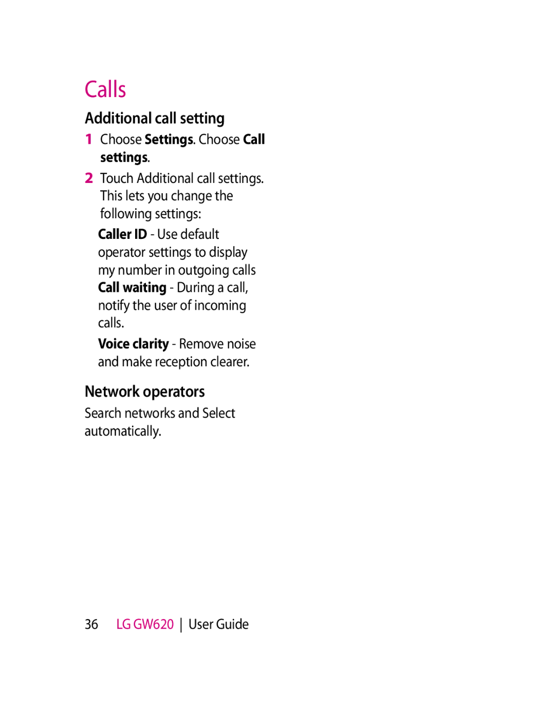 LG Electronics GW620 manual Additional call setting, Network operators 