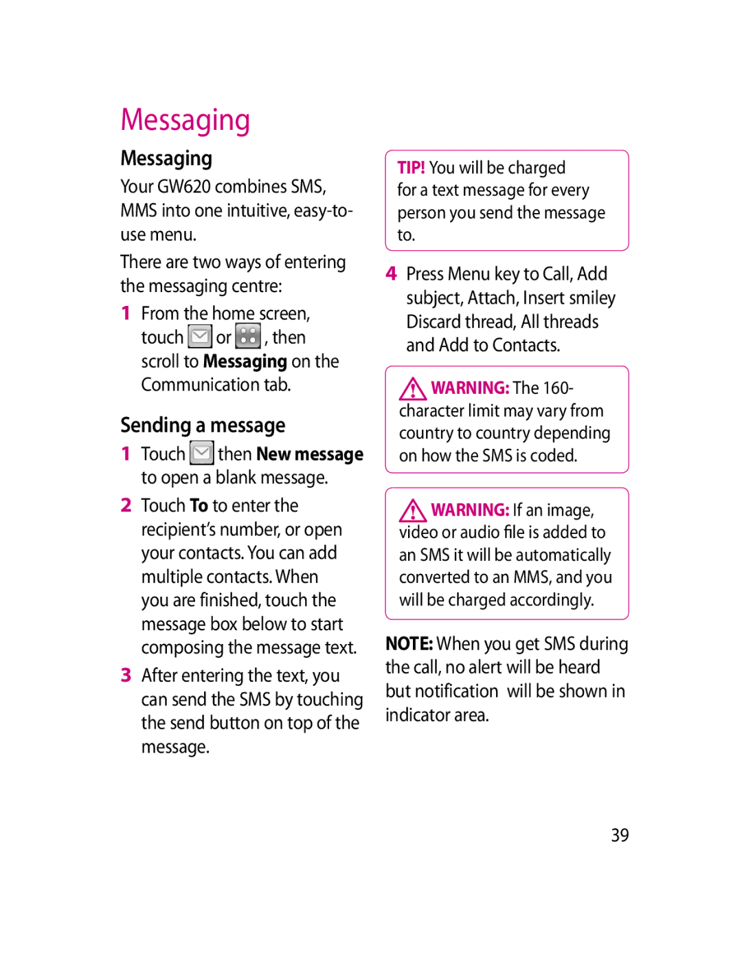 LG Electronics GW620 manual Messaging, Sending a message 