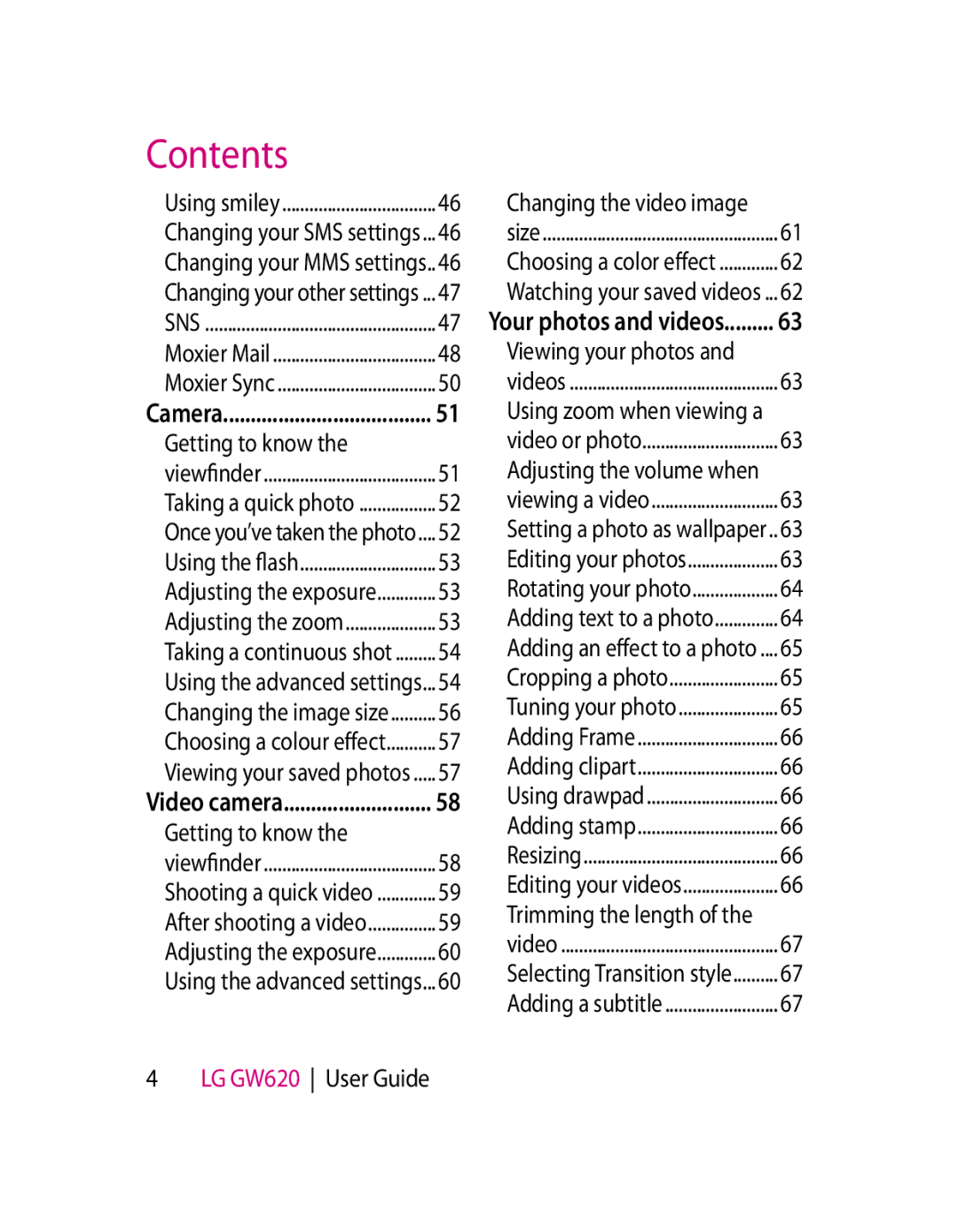 LG Electronics manual Getting to know, LG GW620 User Guide, Sns, Size 