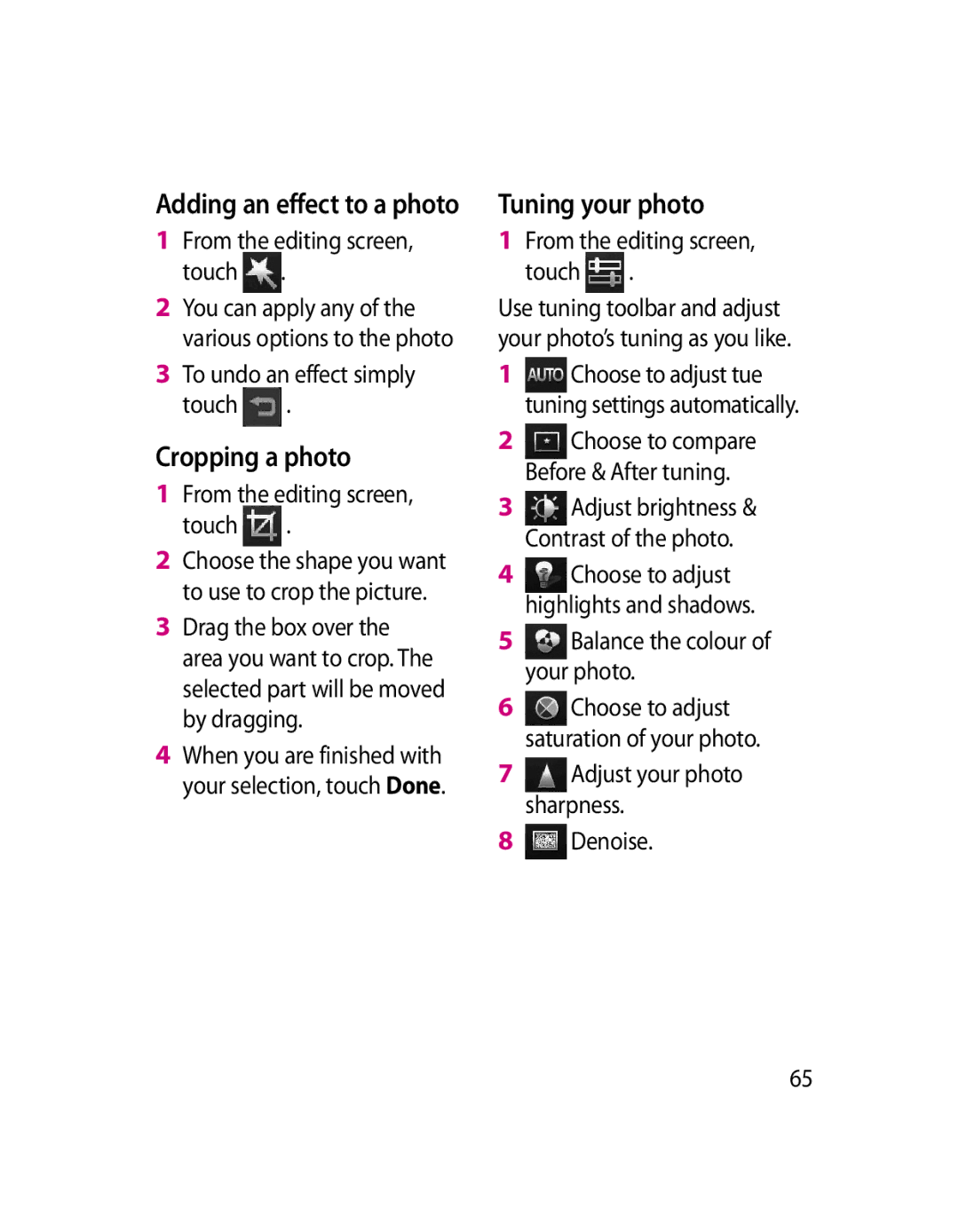 LG Electronics GW620 Cropping a photo, Tuning your photo, To undo an effect simply touch, Balance the colour of your photo 