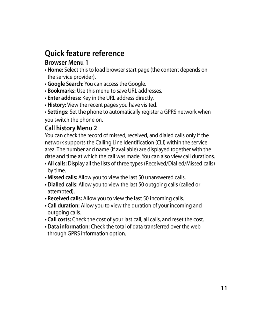 LG Electronics GX200 manual Quick feature reference, Browser Menu, Call history Menu 