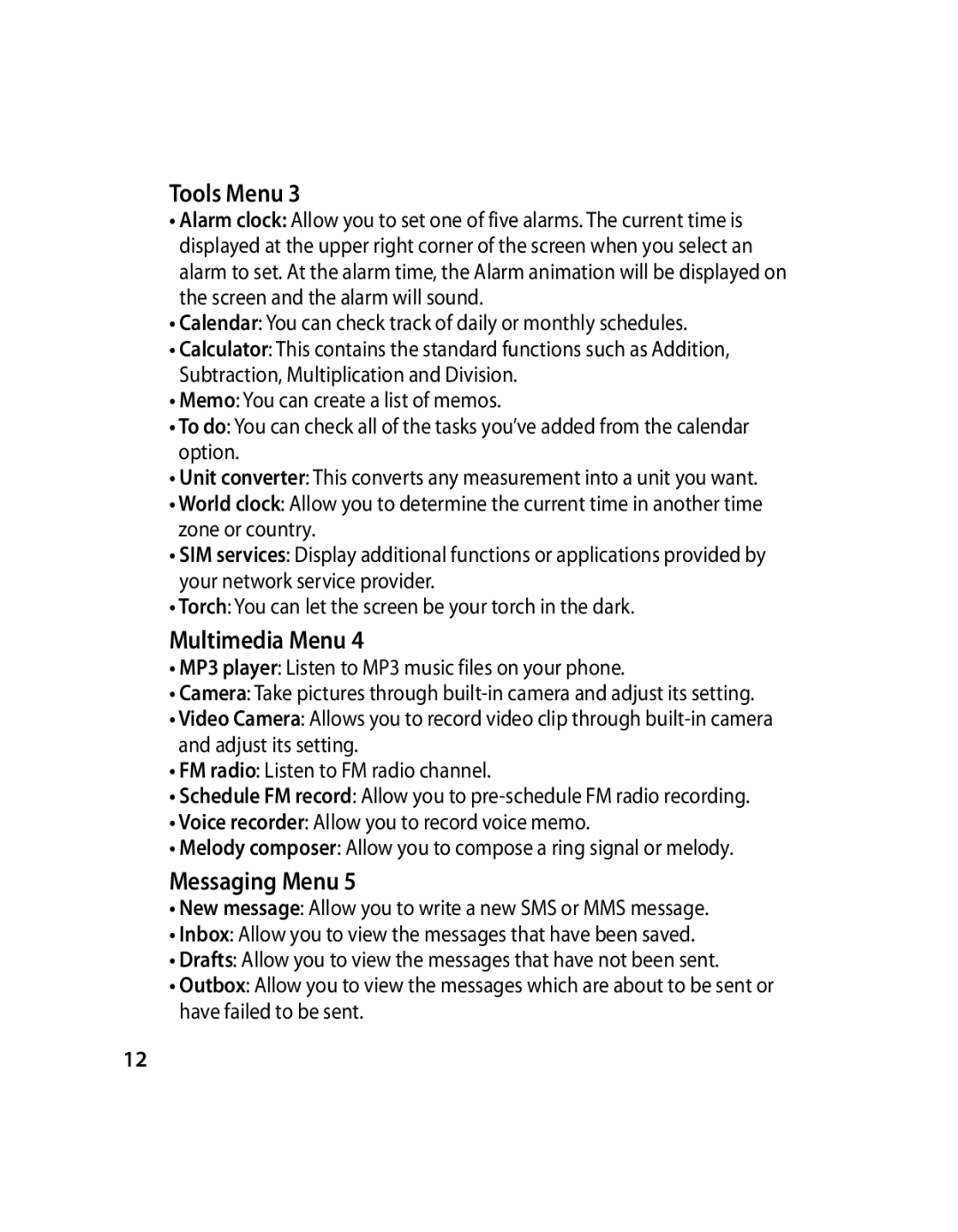 LG Electronics GX200 manual Tools Menu, Multimedia Menu, Messaging Menu 