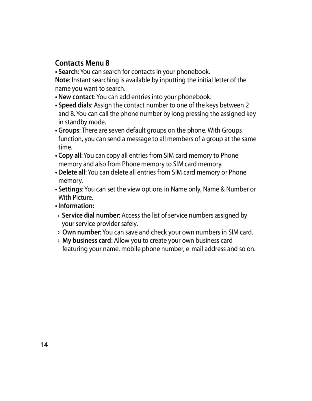 LG Electronics GX200 manual Contacts Menu, Information 