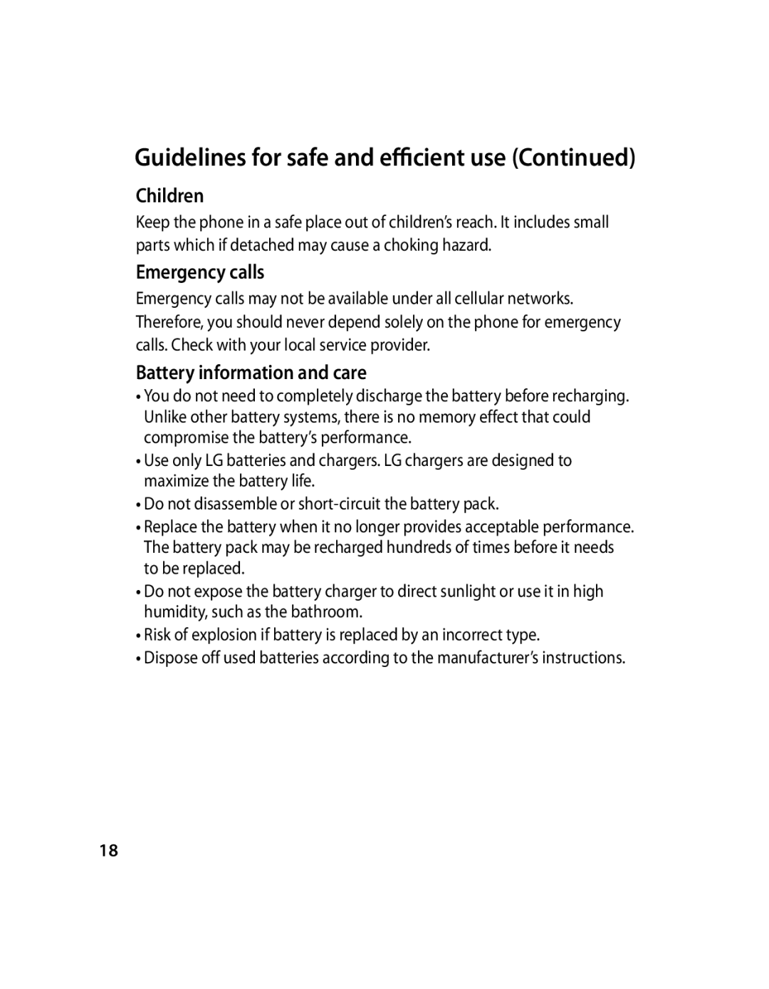 LG Electronics GX200 manual Children, Emergency calls, Battery information and care 