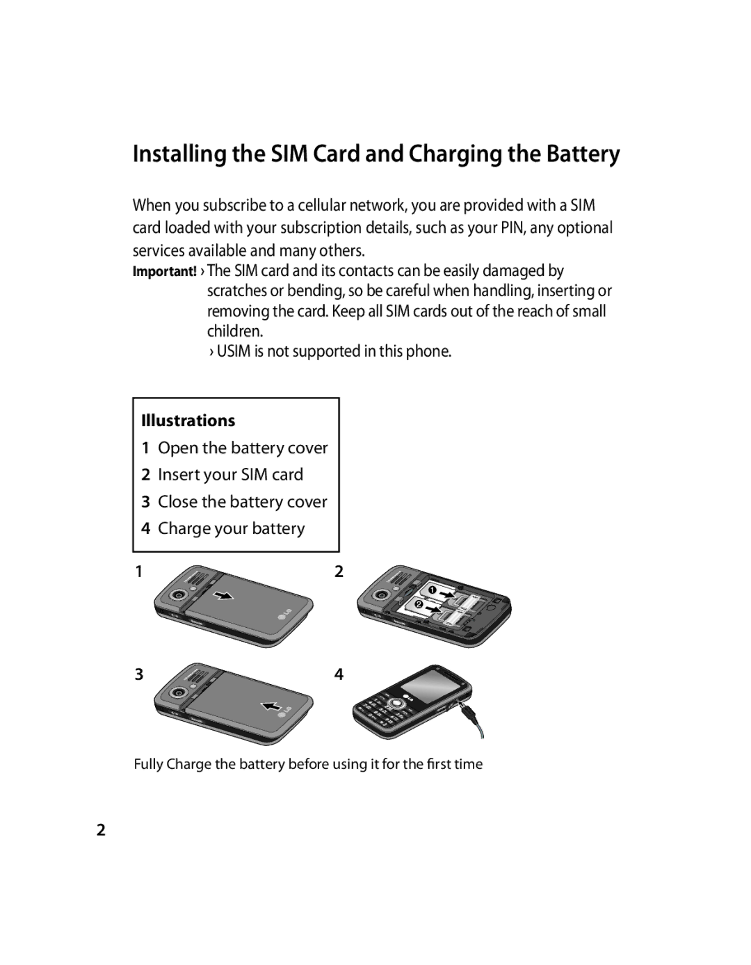 LG Electronics GX200 manual Installing the SIM Card and Charging the Battery 