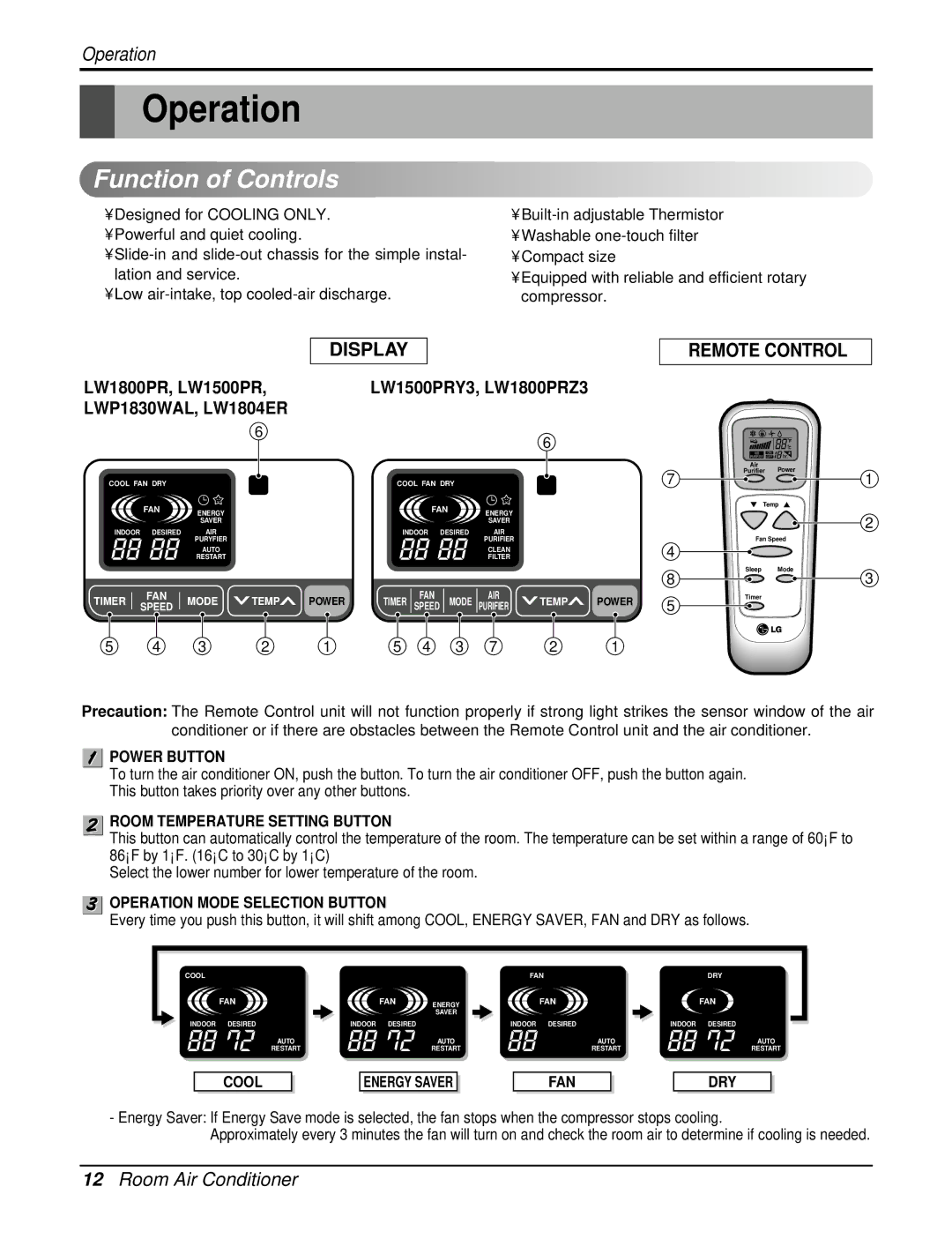 LG Electronics LW1800ERZ3, HB1803R, LWP1830WAL, LWP1820PDL, LW1804ER Operation, Function of Controls, Display Remote Control 