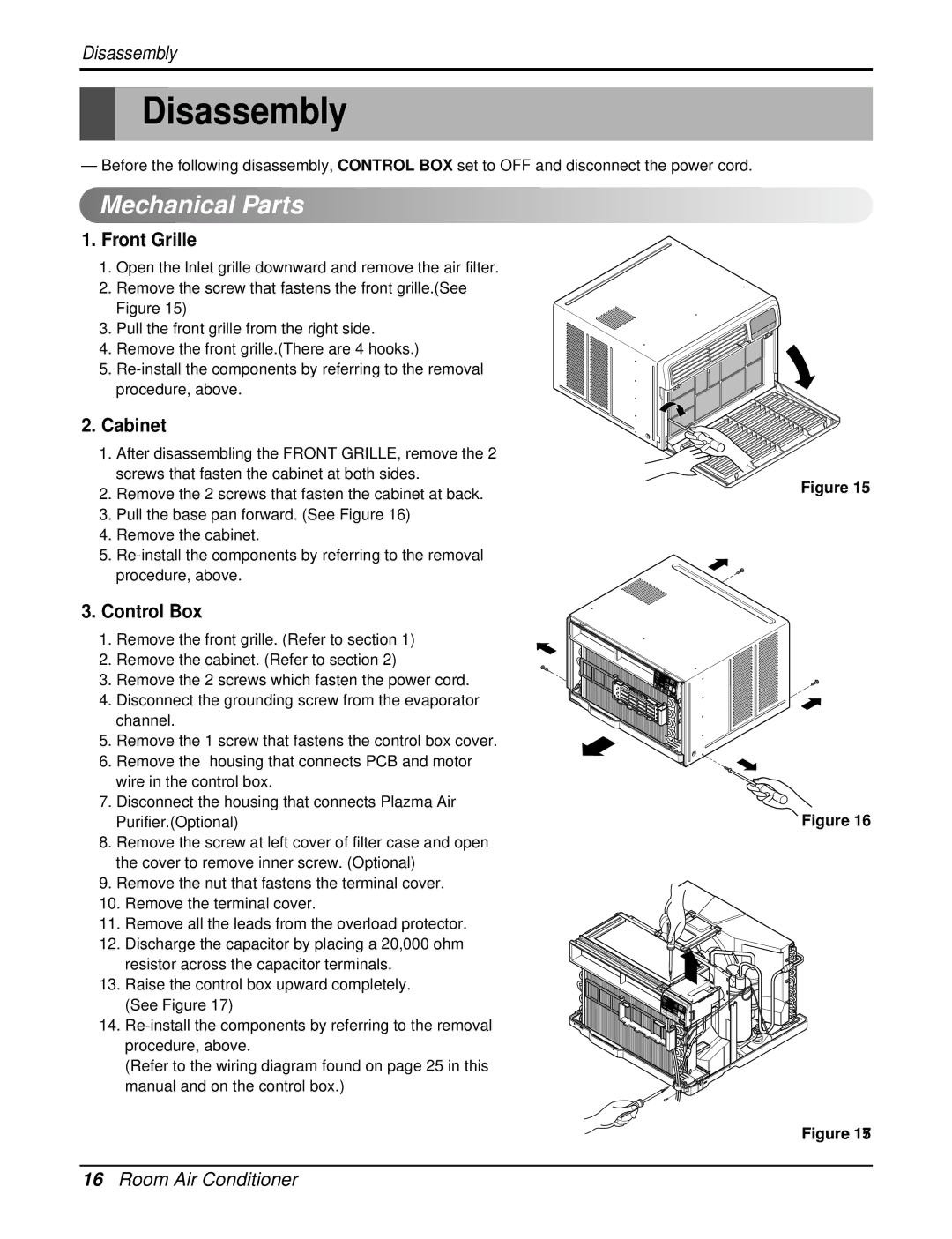 LG Electronics LWP1820PEL, HB1803R, LWP1830WAL, LWP1820PDL Disassembly, Mechanical Parts, Front Grille, Cabinet, Control Box 