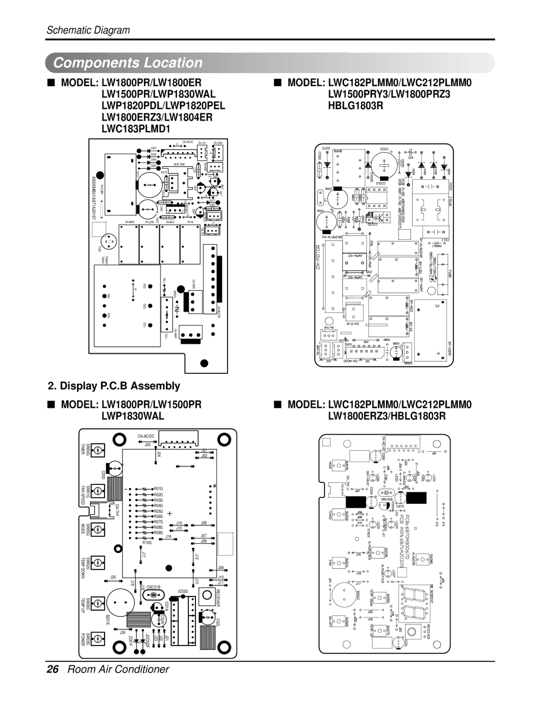 LG Electronics HB1803R, LWC182PLMM0 Components Location, LW1500PR/LWP1830WAL, LWP1820PDL/LWP1820PEL HBLG1803R, LWC183PLMD1 