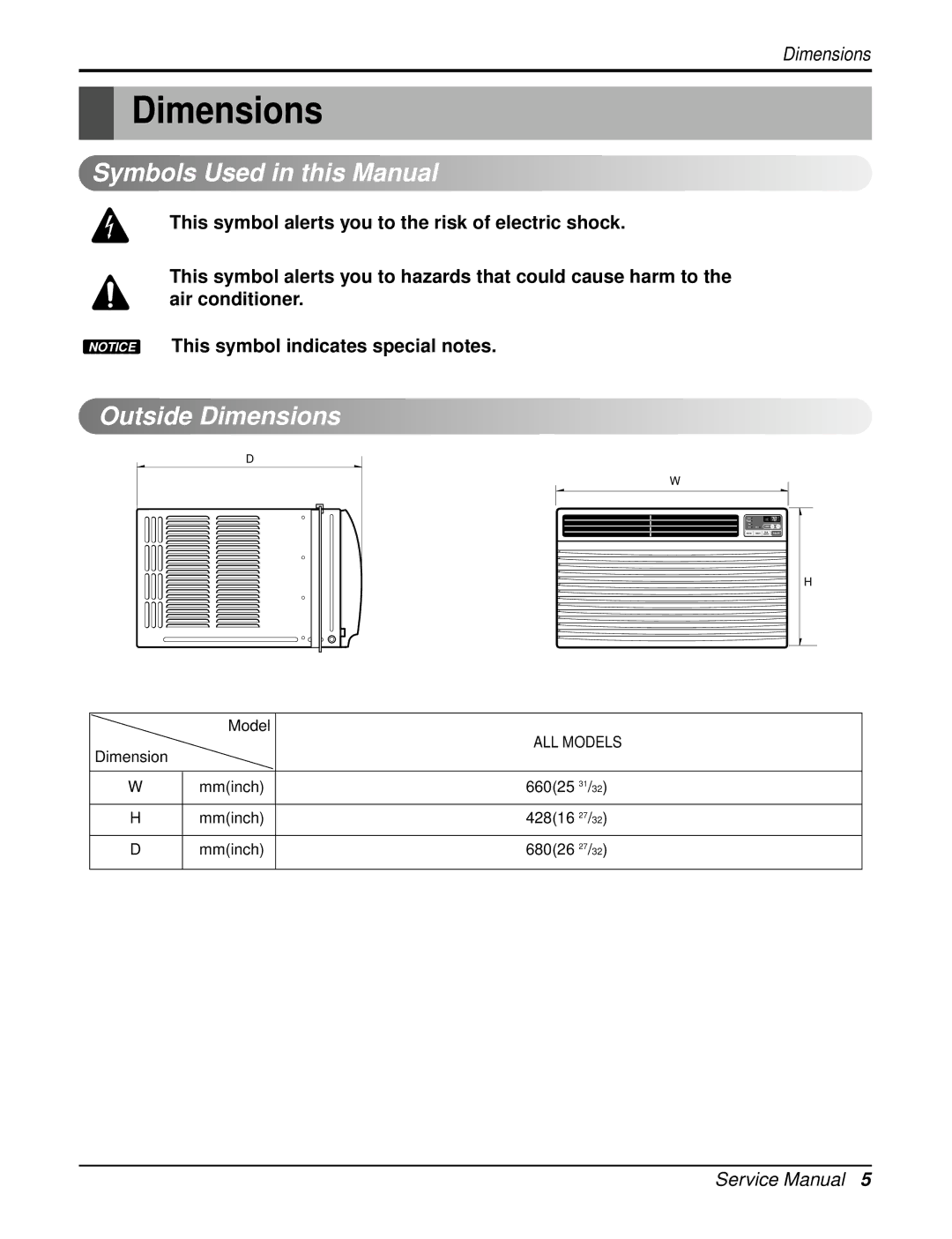 LG Electronics LWC212PLMM0, HB1803R, LWP1830WAL, LWP1820PDL, LWP1820PEL Symbols Used in this Manual, Outside Dimensions 