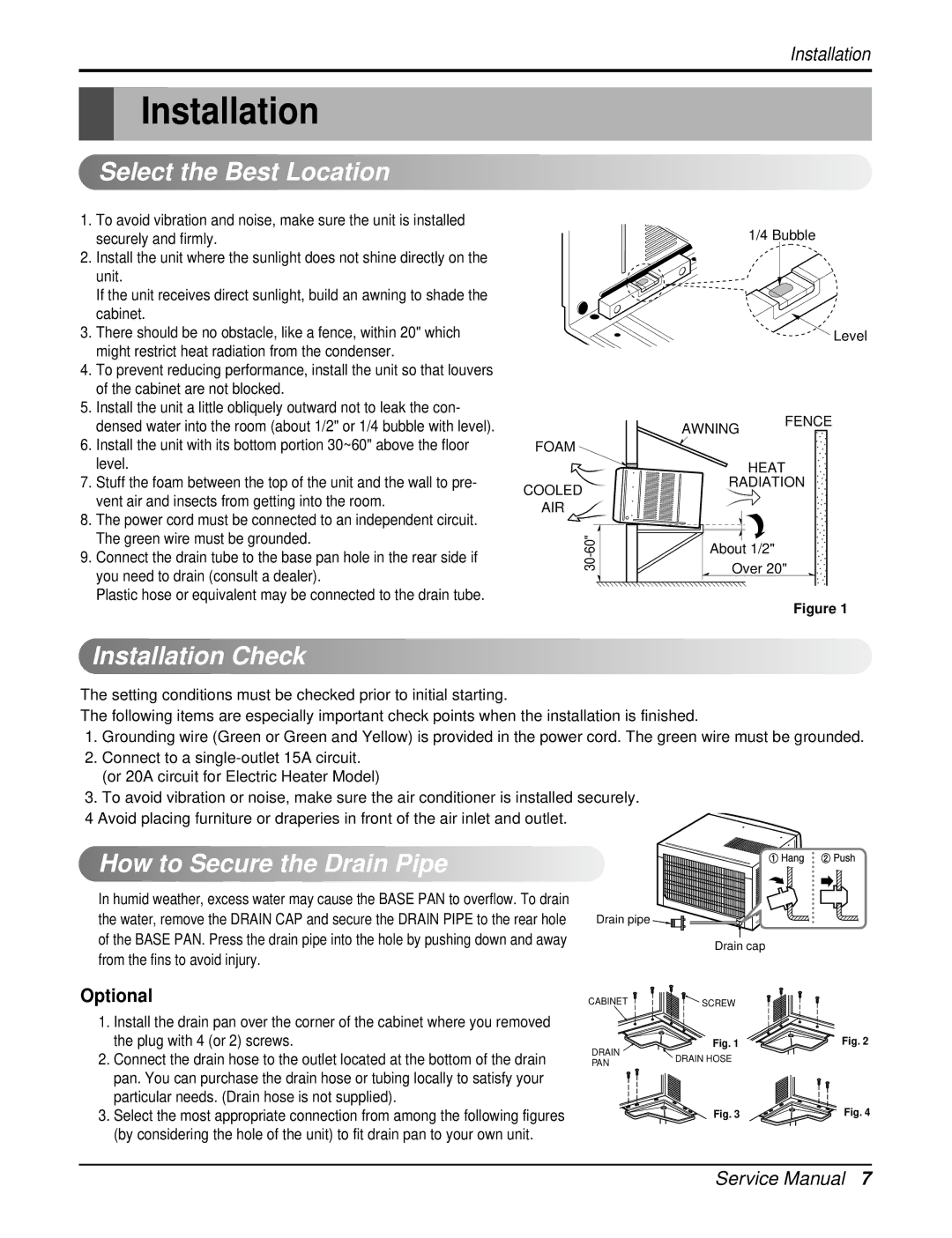 LG Electronics LWC183PLMD1 Select the Best Location, Installation Check, How to Secure the Drain Pipe, Optional 