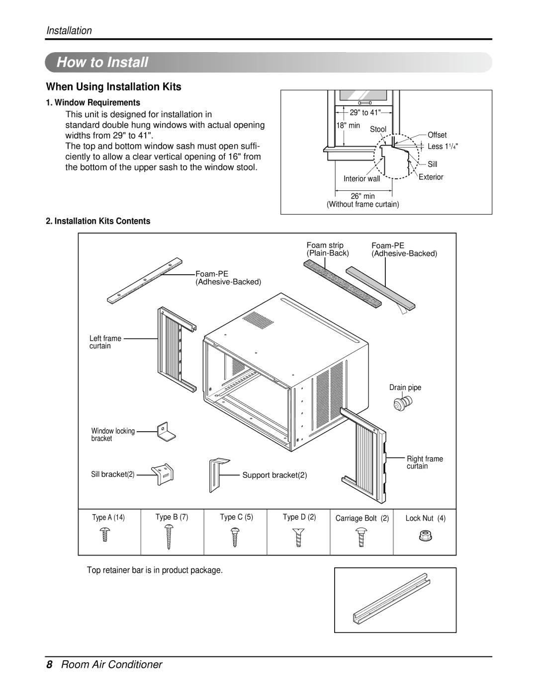 LG Electronics LW1800PRZ3 How to Install, When Using Installation Kits, Window Requirements, Installation Kits Contents 