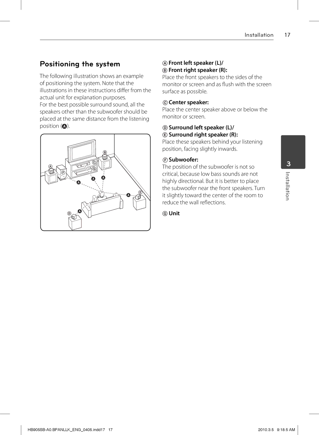 LG Electronics HB905SB owner manual Positioning the system 