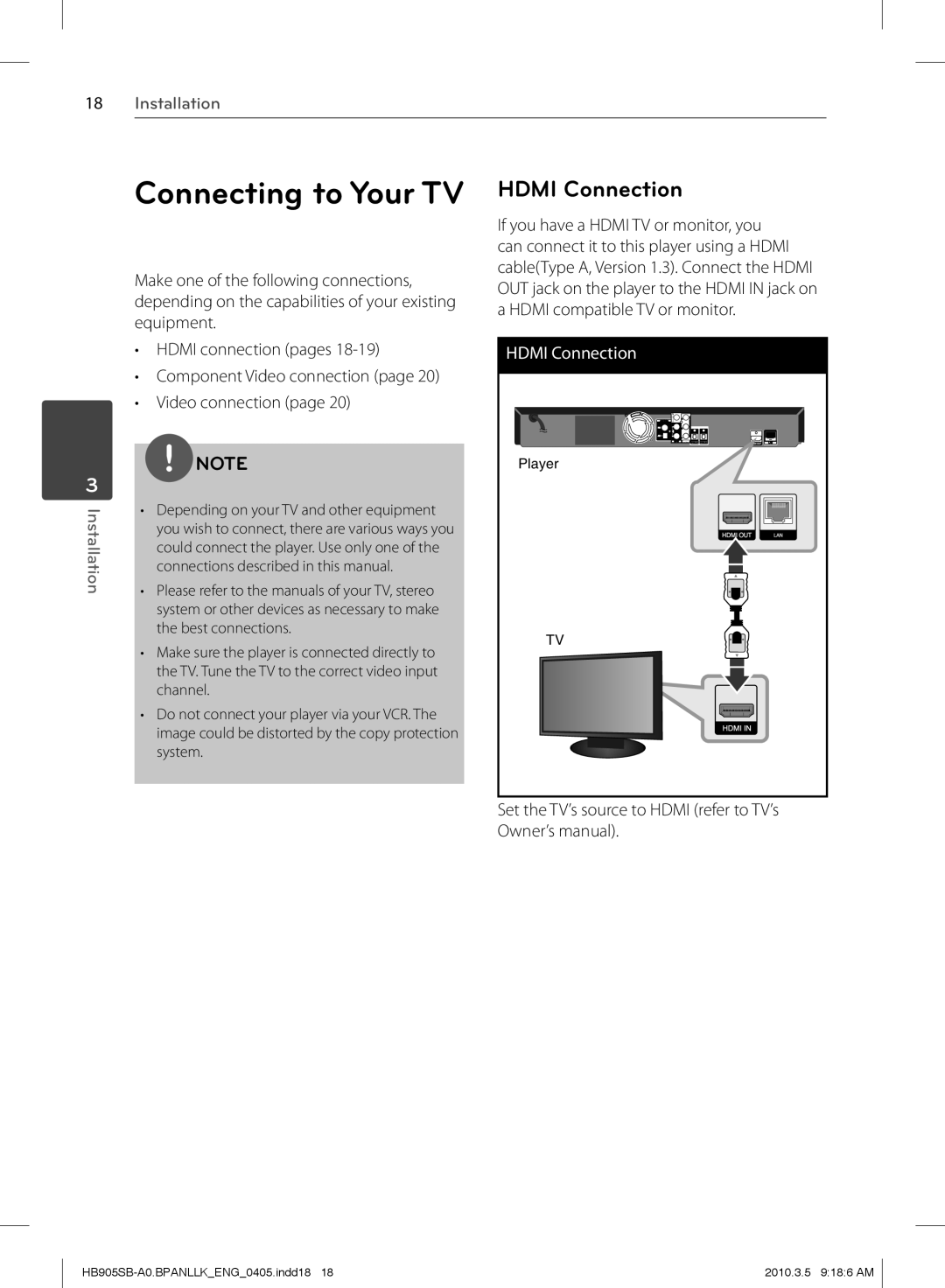 LG Electronics HB905SB owner manual Connecting to Your TV, Hdmi Connection 