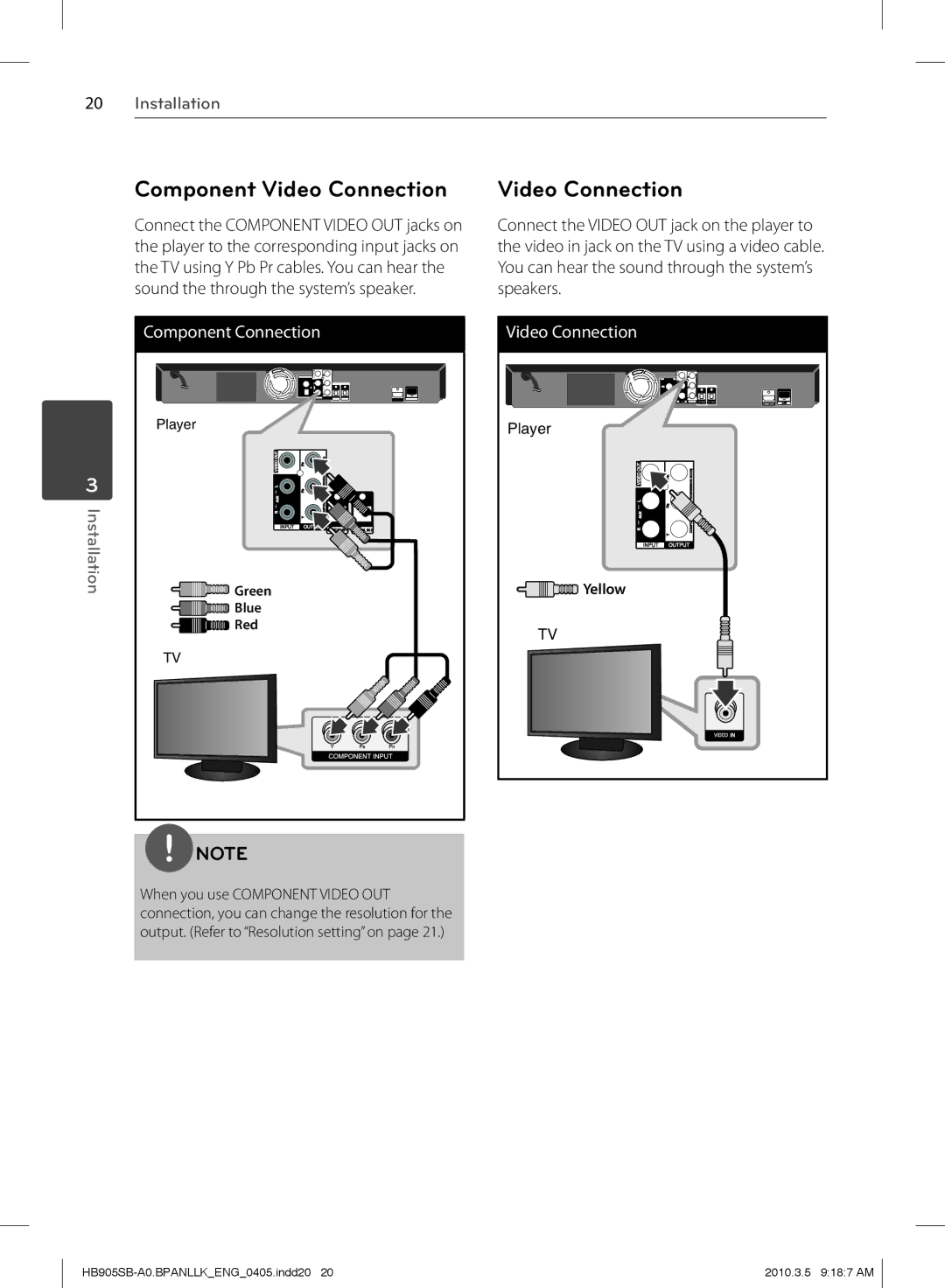 LG Electronics HB905SB owner manual Component Video Connection 