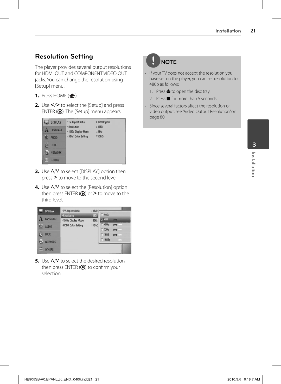 LG Electronics HB905SB owner manual Resolution Setting, Press Home 