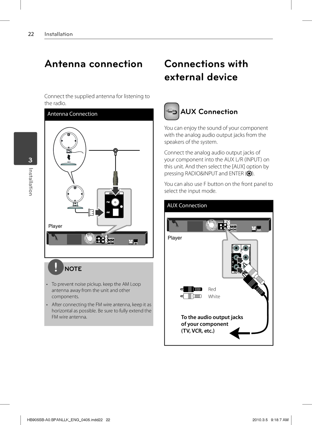 LG Electronics HB905SB owner manual Antenna connection, External device, AUX Connection 