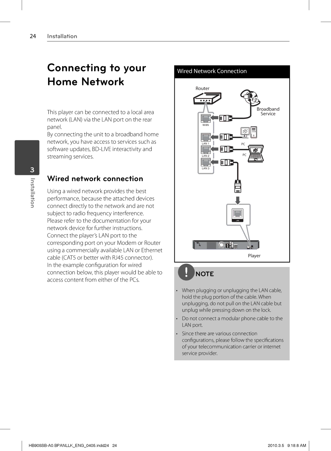 LG Electronics HB905SB owner manual Connecting to your Home Network, Wired network connection 