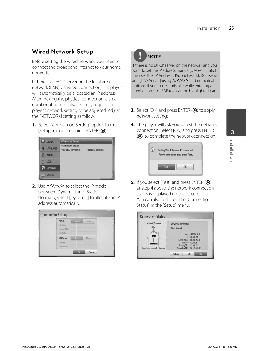 LG Electronics HB905SB owner manual Wired Network Setup, Select OK and press Enter to apply network settings 