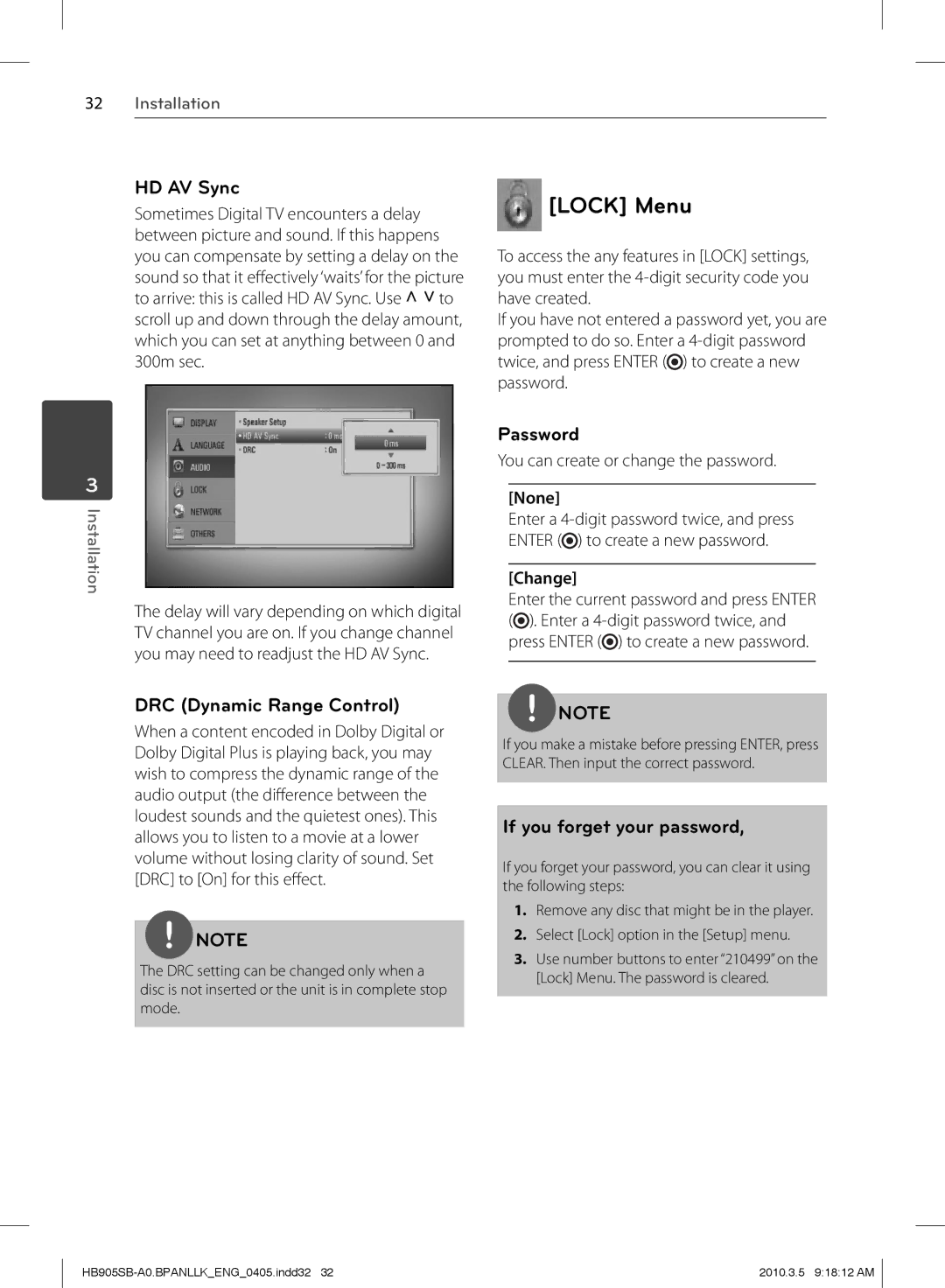 LG Electronics HB905SB owner manual Lock Menu, HD AV Sync, Password, DRC Dynamic Range Control, If you forget your password 