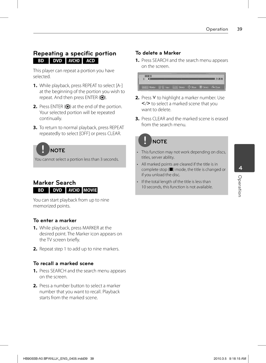 LG Electronics HB905SB owner manual Repeating a speciﬁc portion, Marker Search, To enter a marker, To recall a marked scene 