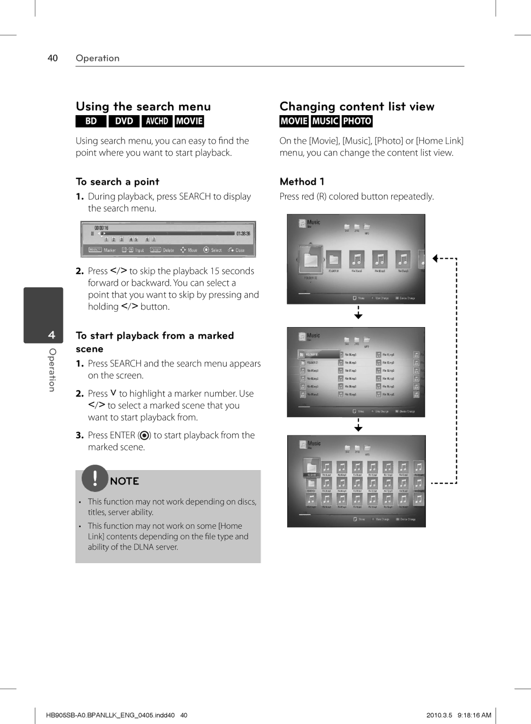 LG Electronics HB905SB owner manual To search a point Method, To start playback from a marked scene 