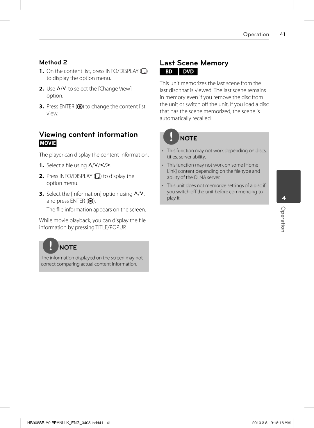 LG Electronics HB905SB owner manual Viewing content information, Last Scene Memory 