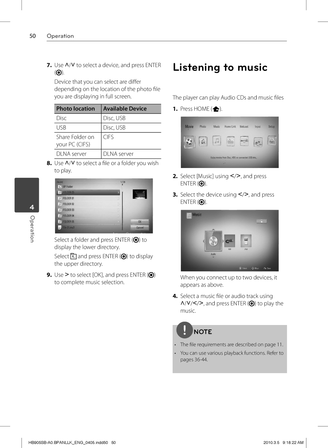 LG Electronics HB905SB owner manual Listening to music, Photo location Available Device, Disc Disc, USB, Share Folder on 