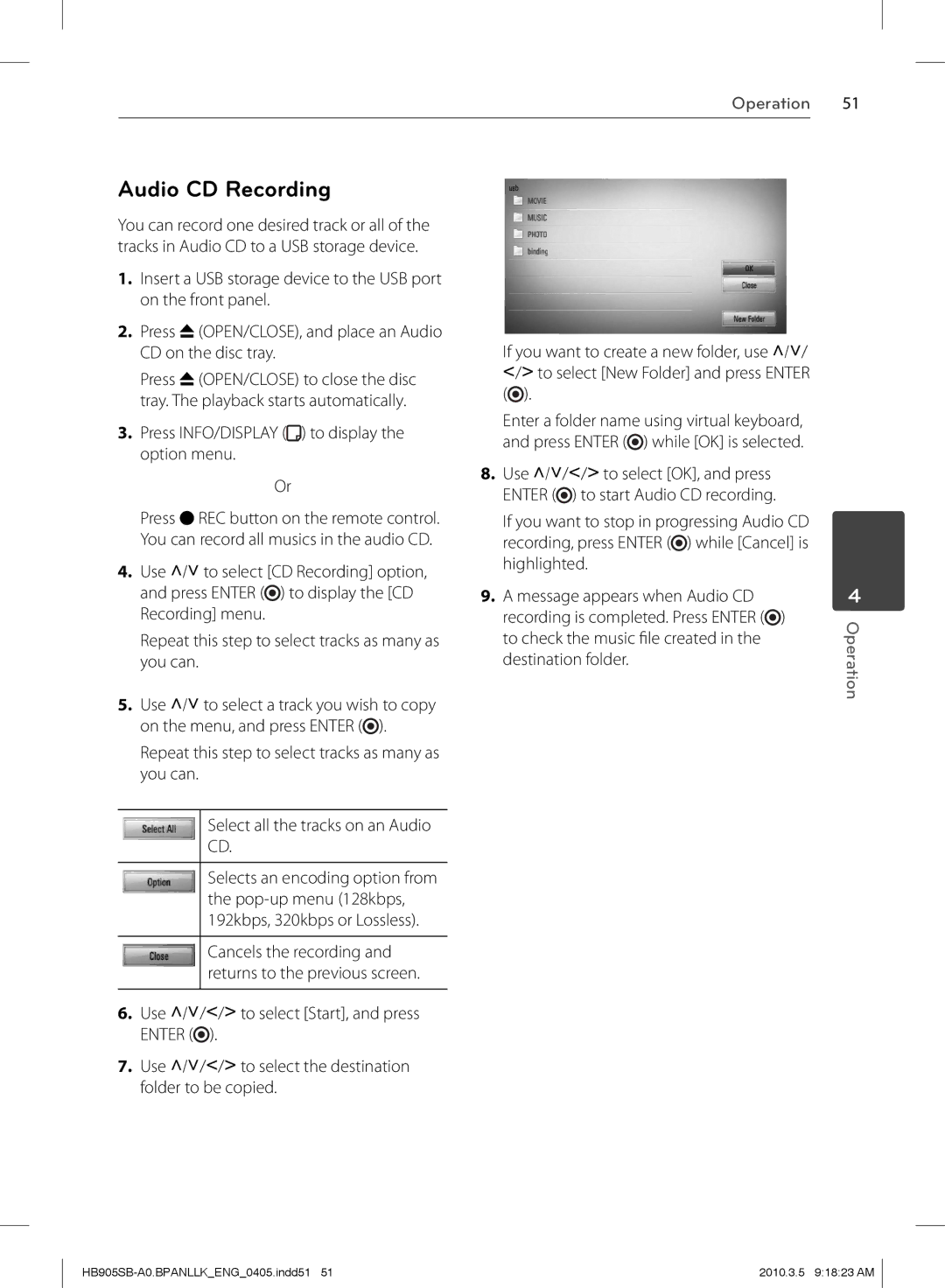 LG Electronics HB905SB owner manual Audio CD Recording, Press INFO/DISPLAY to display the option menu 