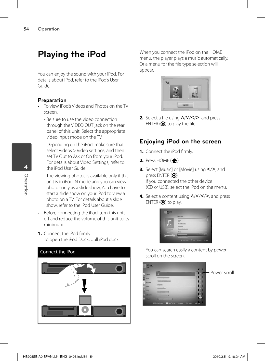 LG Electronics HB905SB owner manual Playing the iPod, Enjoying iPod on the screen, Preparation 