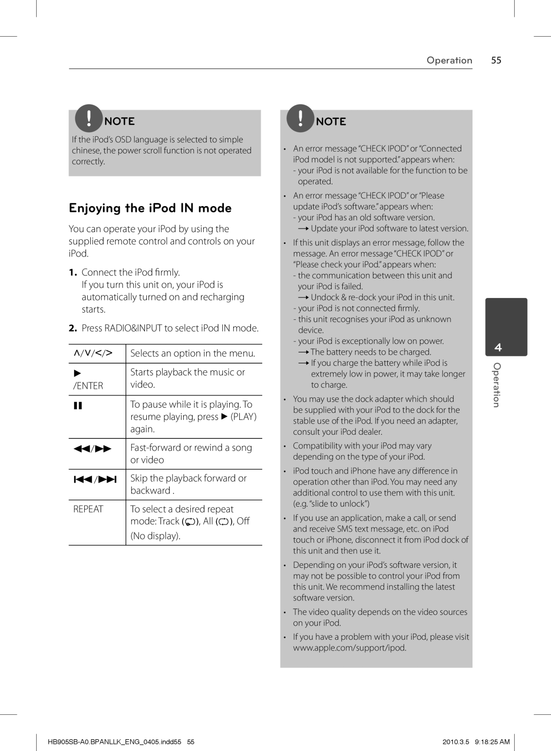 LG Electronics HB905SB owner manual Enjoying the iPod in mode 