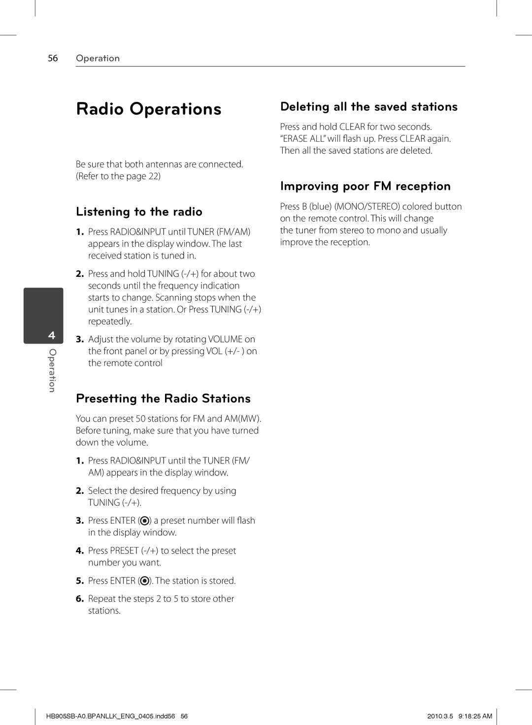 LG Electronics HB905SB owner manual Radio Operations, Listening to the radio, Presetting the Radio Stations 