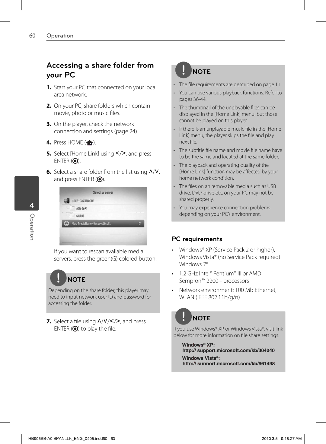 LG Electronics HB905SB owner manual Accessing a share folder from your PC, PC requirements 