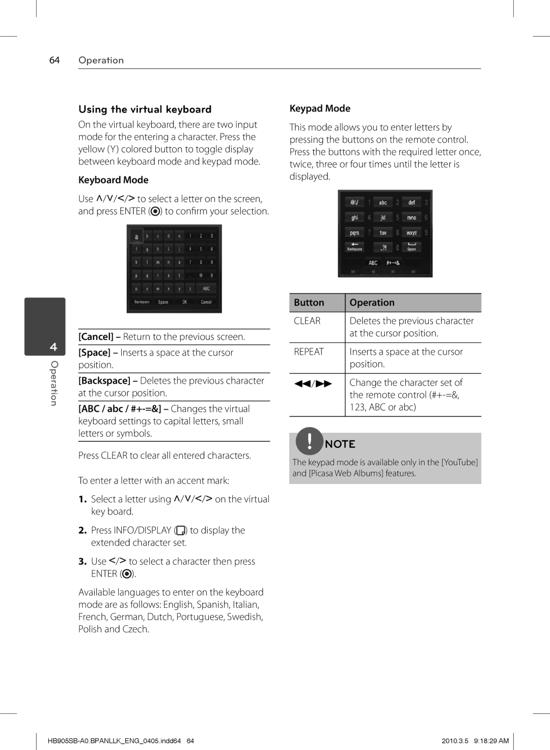 LG Electronics HB905SB owner manual Using the virtual keyboard, Keyboard Mode, Keypad Mode 