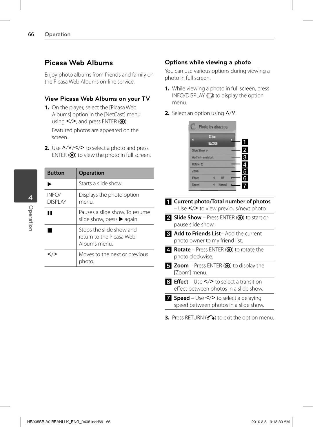 LG Electronics HB905SB owner manual View Picasa Web Albums on your TV, Options while viewing a photo, Button 