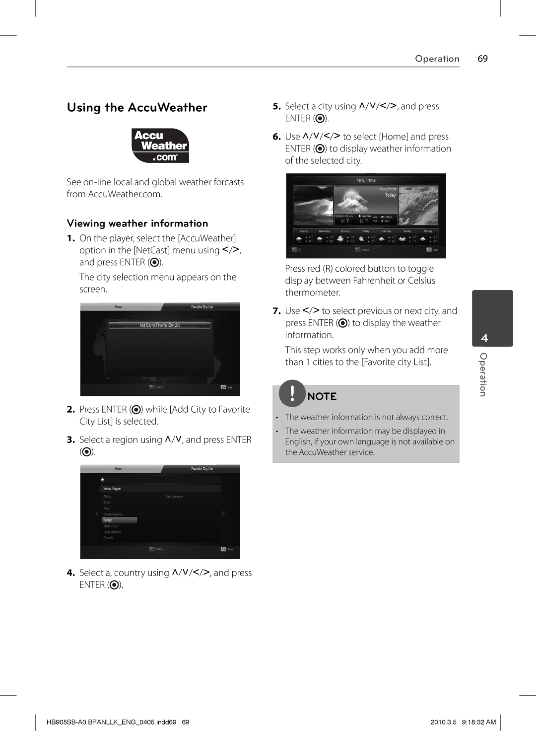 LG Electronics HB905SB owner manual Using the AccuWeather, Viewing weather information 