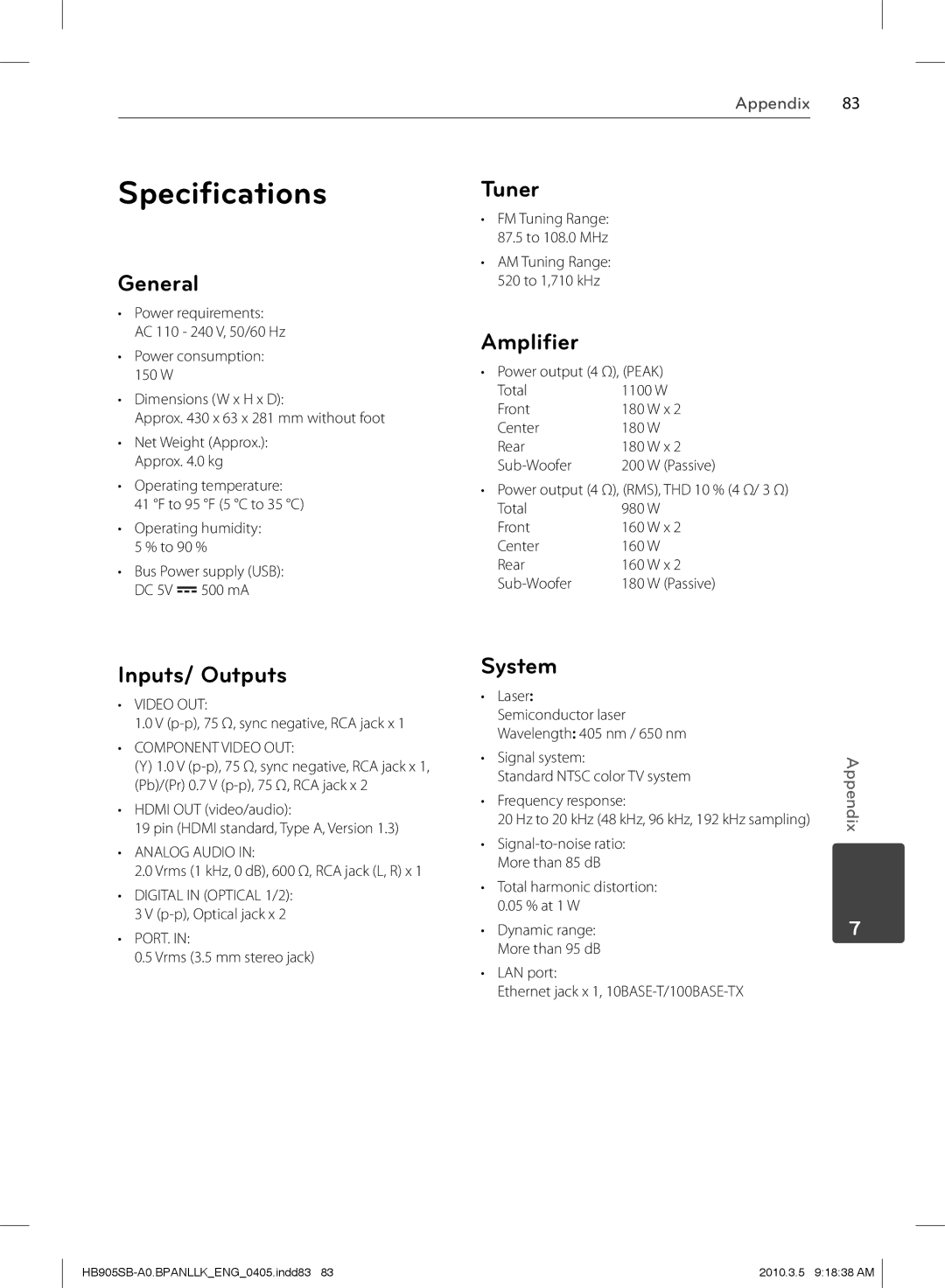 LG Electronics HB905SB owner manual Speciﬁcations 