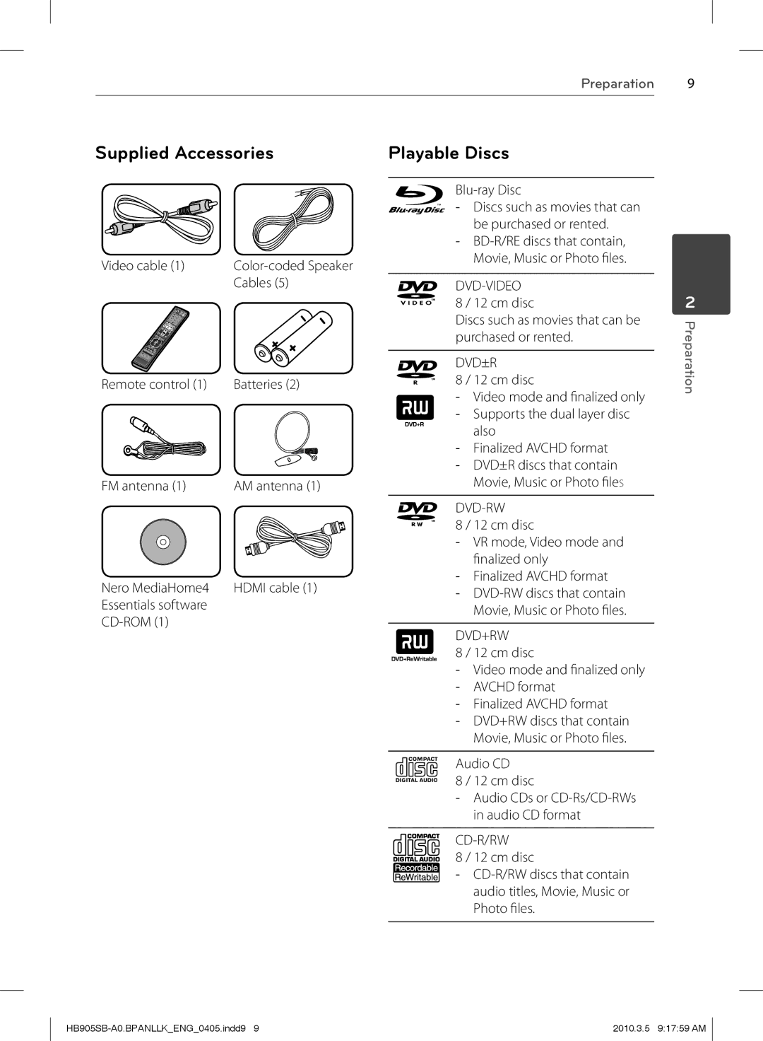 LG Electronics HB905SB owner manual Supplied Accessories, Playable Discs 